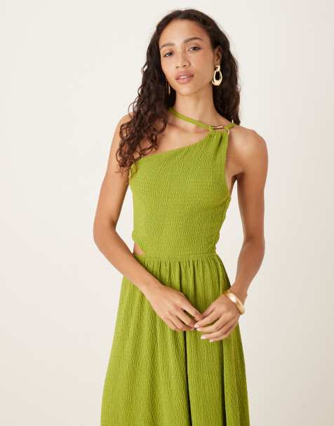 ASOS DESIGN - Vestito lungo verde oliva testurizzato monospalla con cut-out in vita e dettaglio in metallo - view 1