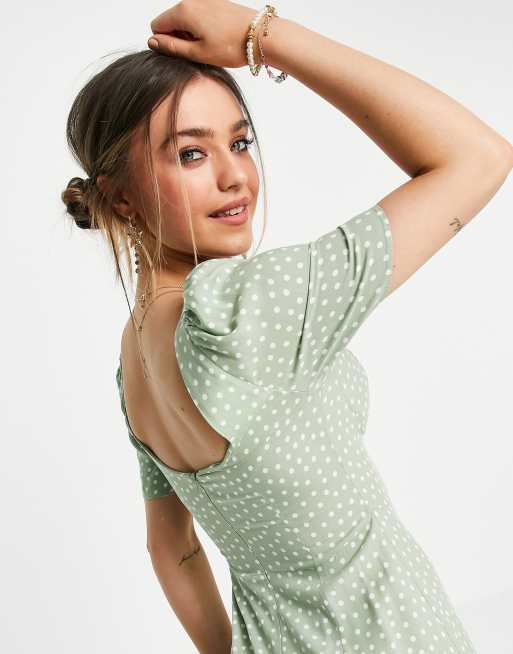 ASOS DESIGN - Vestito lungo verde salvia a pois con coppe e spacchi, 3 di 4
