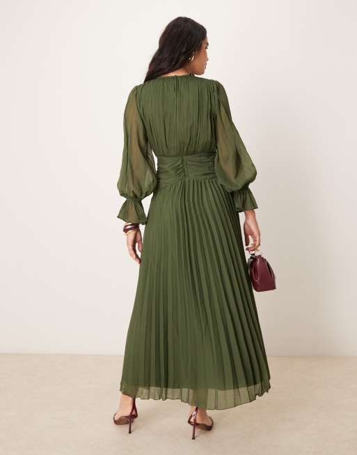 ASOS DESIGN - Vestito lungo verde scuro arricciato e accollato con cintura, 2 di 4