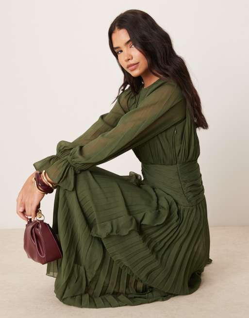 ASOS DESIGN - Vestito lungo verde scuro arricciato e accollato con cintura, 4 di 4