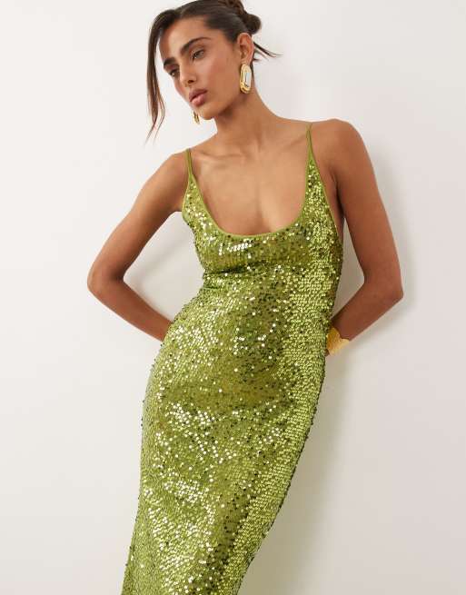 ASOS DESIGN - Vestito lungo verde trasparente con spalline sottili e paillettes, 2 di 4