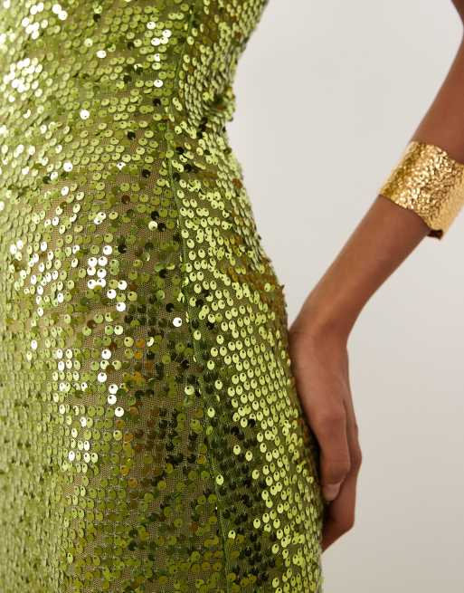 ASOS DESIGN - Vestito lungo verde trasparente con spalline sottili e paillettes, 3 di 4
