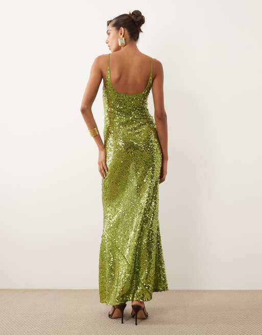 ASOS DESIGN - Vestito lungo verde trasparente con spalline sottili e paillettes, 4 di 4