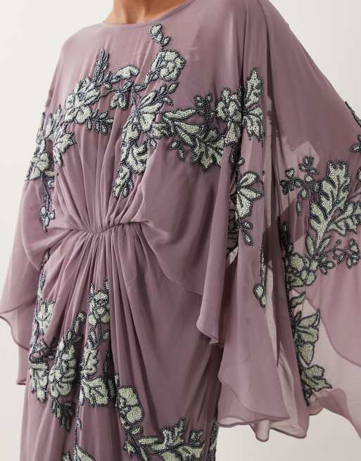 ASOS DESIGN - Vestito lungo viola decorato con maniche a mantella, 4 di 4