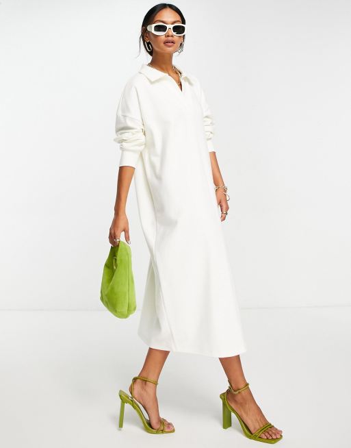 ASOS DESIGN - Vestito maglia midi stile polo a maniche lunghe in tessuto morbidissimo bianco