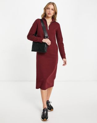ASOS DESIGN - Vestito maglia stile polo midi super morbido color merlot con cerniera lampo