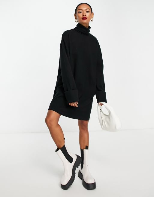 ASOS DESIGN - Vestito maglia super morbido corto nero con collo alto e polsini con risvolti, 3 di 4