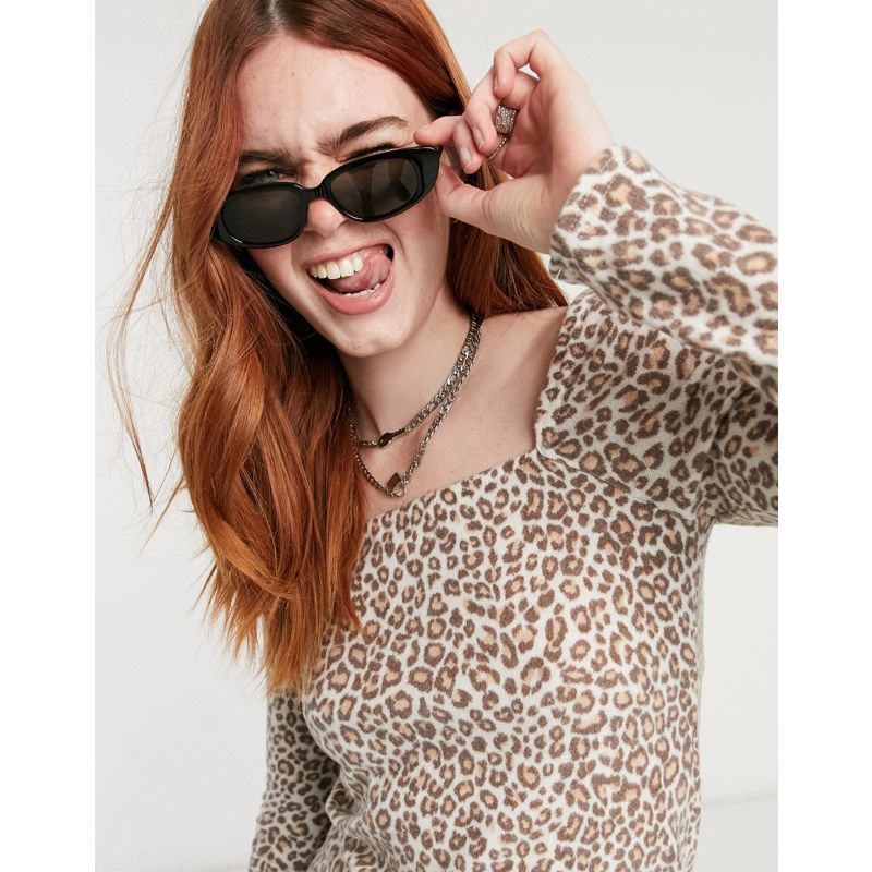 BWCdm Vestiti longuette DESIGN - Vestito maglia ultra morbido con scollo quadrato e stampa leopardata mini