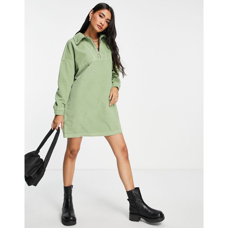 Vestiti Donna DESIGN - Vestito maglione in velluto a coste verde con zip corta
