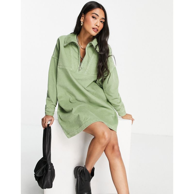 Vestiti Donna DESIGN - Vestito maglione in velluto a coste verde con zip corta