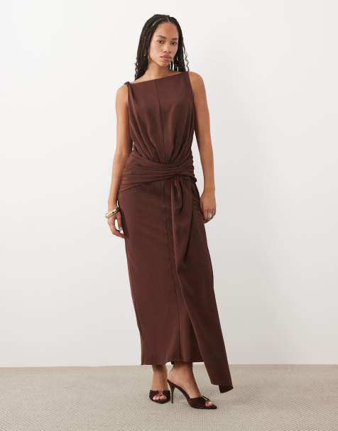 ASOS DESIGN vestito maxi a colonna con dettaglio drappeggiato color cioccolato - view 1