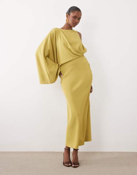 ASOS DESIGN vestito maxi a colonna monospalla con drappeggio sul retro color ocra - view 1