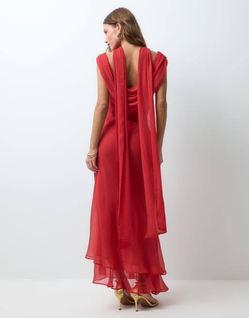 ASOS DESIGN vestito maxi a doppio strato con dettaglio foulard e spalle scoperte in rosso scuro, 3 di 4