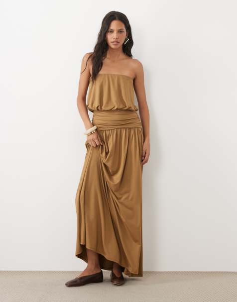 ASOS DESIGN vestito maxi a fascia con blouson e spacco frontale in oliva - view 1