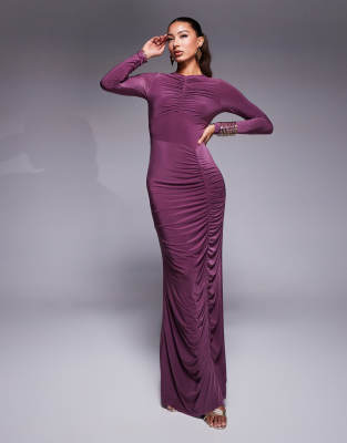 ASOS DESIGN - Vestito maxi a maniche lunghe color prugna con dettaglio arricciato