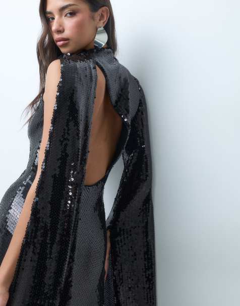 ASOS DESIGN vestito maxi a una manica con paillettes, nero - view 1