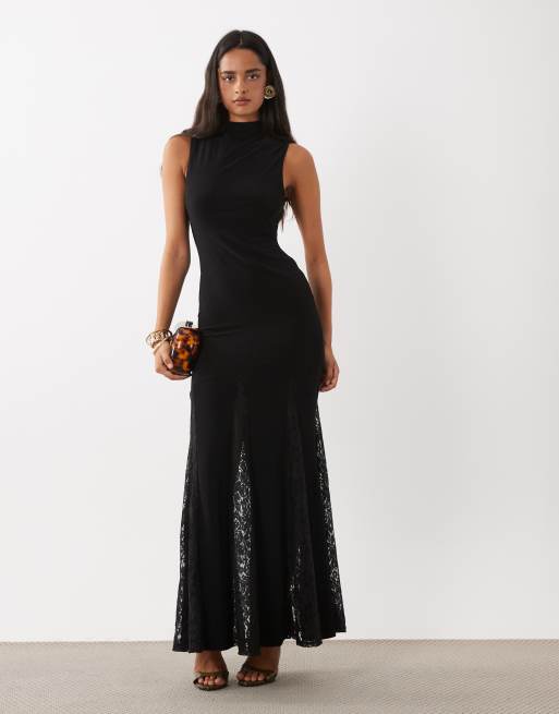ASOS DESIGN vestito maxi aderente con collo alto, inserti in pizzo e schiena scoperta nero, 2 di 4