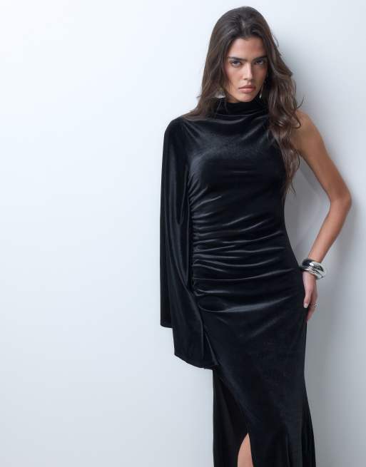 ASOS DESIGN vestito maxi asimmetrico in velluto con spacco alto e maniche a pipistrello nero, 2 di 5