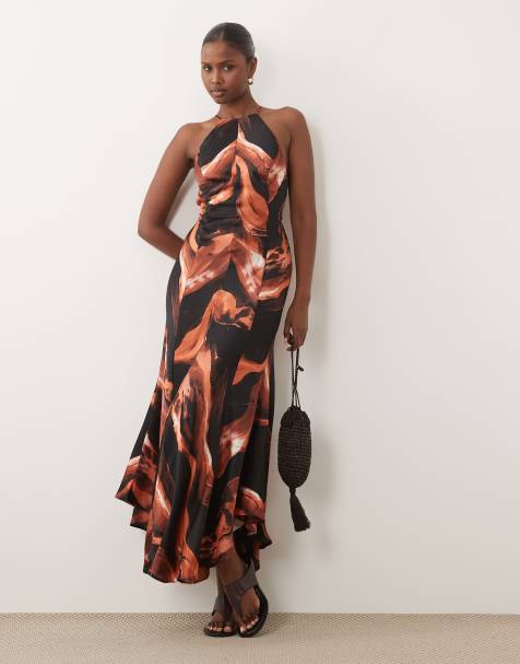 ASOS DESIGN vestito maxi con dettagli di cucitura, schiena aperta e spalline con stampa astratta color cioccolato e ruggine - view 1
