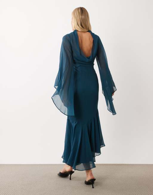 ASOS DESIGN vestito maxi con maniche a campana e orlo asimmetrico con volant in verde petrolio, 2 di 4