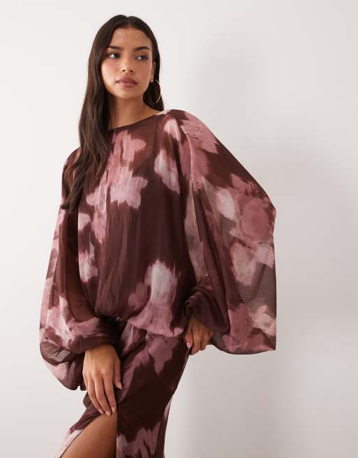 ASOS DESIGN vestito maxi con maniche a palloncino e vita blouson con stampa floreale sfumata, 2 di 4