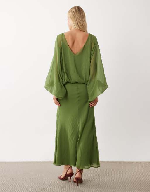 ASOS DESIGN vestito maxi con maniche a palloncino e vita blouson in verde oliva, 2 di 4