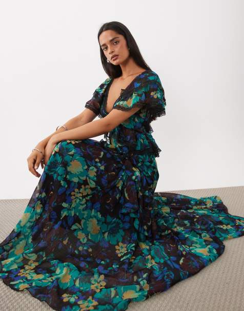 ASOS DESIGN vestito maxi con orlo a volant, dettagli a profilo e schiena scoperta, nero floreale - view 1