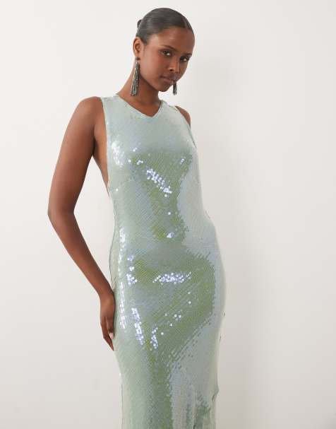 ASOS DESIGN vestito maxi con paillettes, collo alto e schiena aperta con nodo in verde salvia - view 1