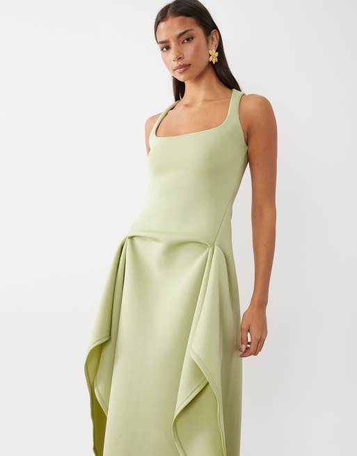 ASOS DESIGN vestito maxi con scollo rotondo e spacchi alti in tessuto scuba morbido verde chiaro, 2 di 4