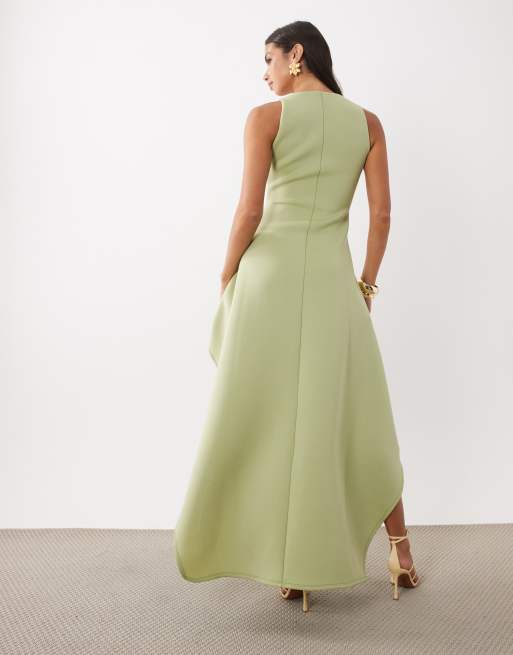 ASOS DESIGN vestito maxi con scollo rotondo e spacchi alti in tessuto scuba morbido verde chiaro, 4 di 4