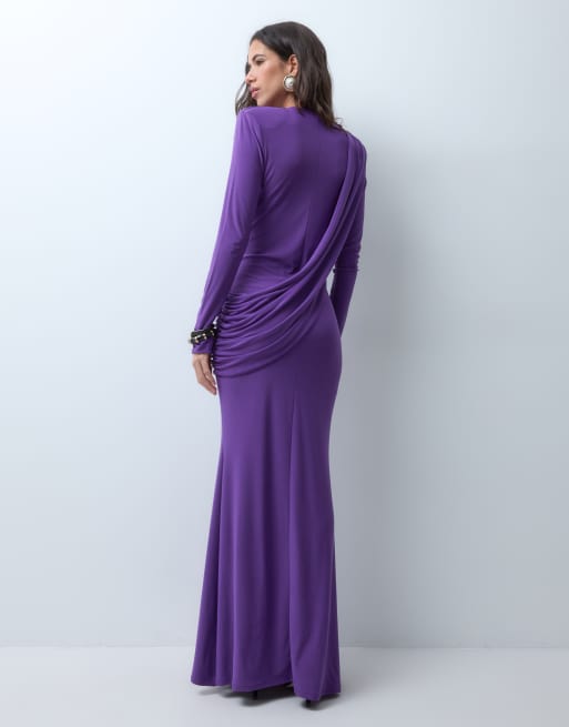 ASOS DESIGN vestito maxi con spalline imbottite, tessuto fluido e dettaglio drappeggiato, viola, 4 di 4