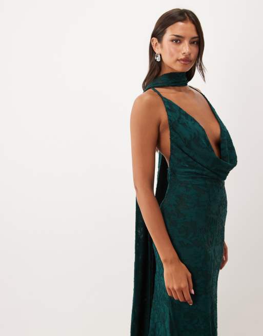 ASOS DESIGN vestito maxi floreale devoré con scollo ad anello profondo e dettaglio foulard in teal, 2 di 4