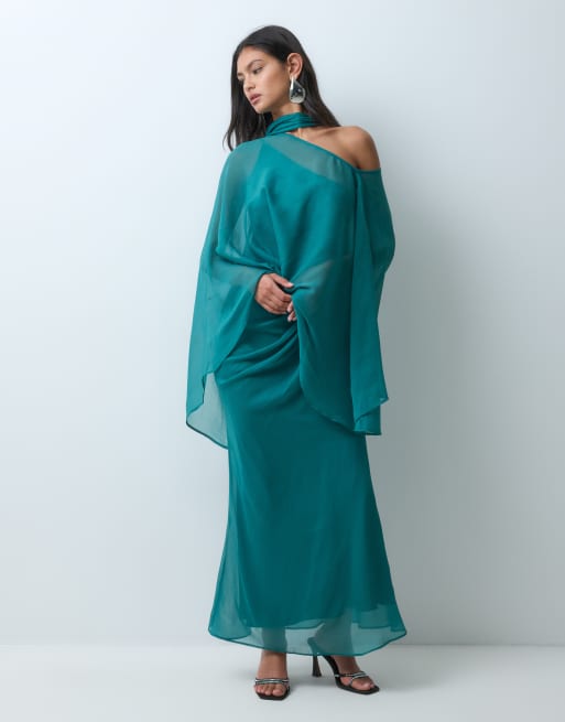 ASOS DESIGN vestito maxi in chiffon a spalle scoperte con mantella e sciarpa, verde petrolio, 2 di 5
