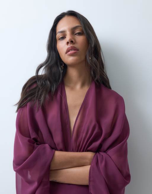 ASOS DESIGN vestito maxi in chiffon con maniche a pipistrello viola, 3 di 4