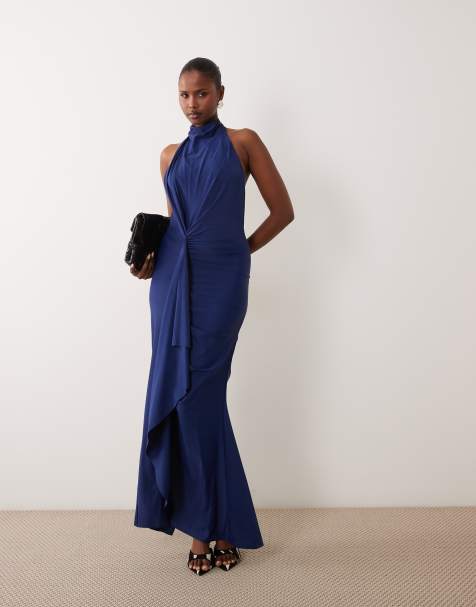 ASOS DESIGN vestito maxi in jersey modellante con collo alto, drappeggio e volant navy - view 1