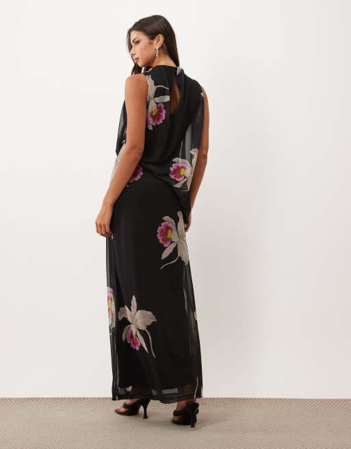 ASOS DESIGN vestito maxi in mesh stampato asimmetrico con collo integrato e blouson nero a fiori, 3 di 4