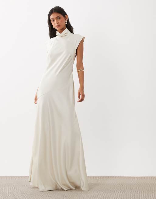 ASOS DESIGN vestito maxi in raso con collo alto e godet color oyster, 1 di 4