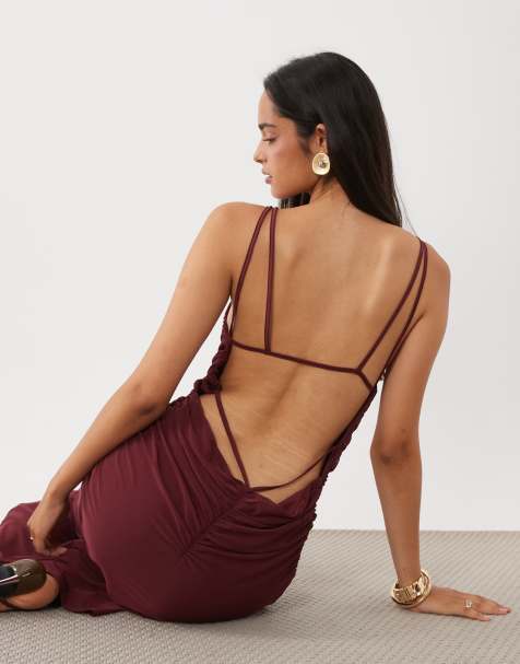 ASOS DESIGN vestito maxi in rete con scollo a barchetta e dettaglio arricciato bordeaux - view 1
