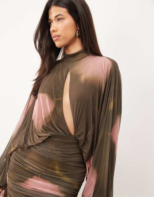 ASOS DESIGN vestito maxi in rete floreale stampata con blouson e cut-out marrone, 2 di 4