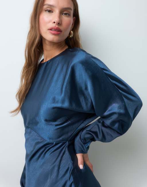 ASOS DESIGN vestito maxi in satin con maniche a pipistrello navy, 4 di 4
