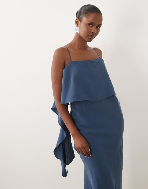 ASOS DESIGN vestito maxi in satin con spalline sovrapposte blu scuro, 4 di 4