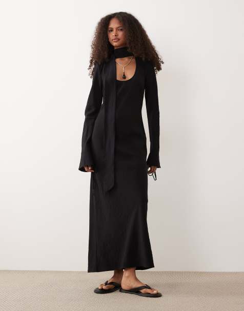 ASOS DESIGN vestito maxi in tessuto tecnico con scollo rotondo, maniche lunghe e sciarpa nero - view 1