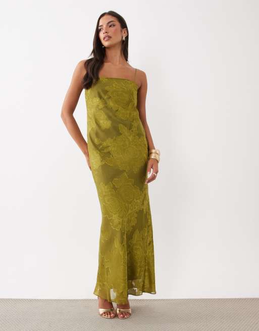 ASOS DESIGN vestito maxi jacquard taglio sbieco verde oliva, 1 di 4