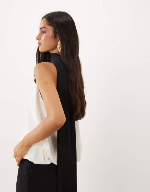 ASOS DESIGN vestito maxi monospalla con allacciatura al collo in color block monocromatico, 3 di 4