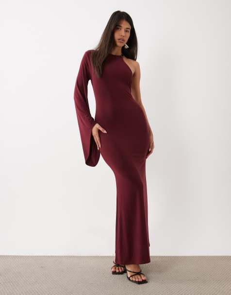 ASOS DESIGN vestito maxi monospalla fluido con profili e schiena nuda in bordeaux - view 1