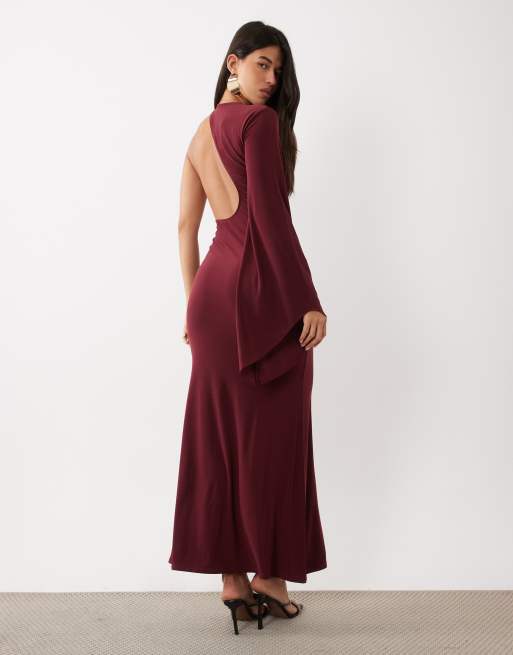 ASOS DESIGN vestito maxi monospalla fluido con profili e schiena nuda in bordeaux, 2 di 4