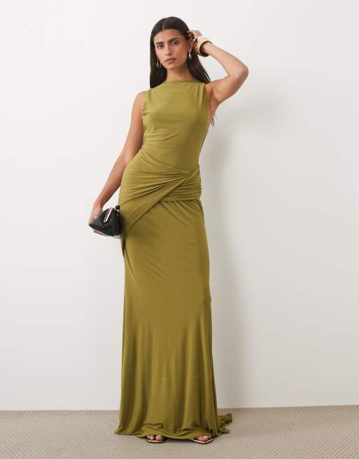 ASOS DESIGN vestito maxi morbido con vita arricciata color oliva