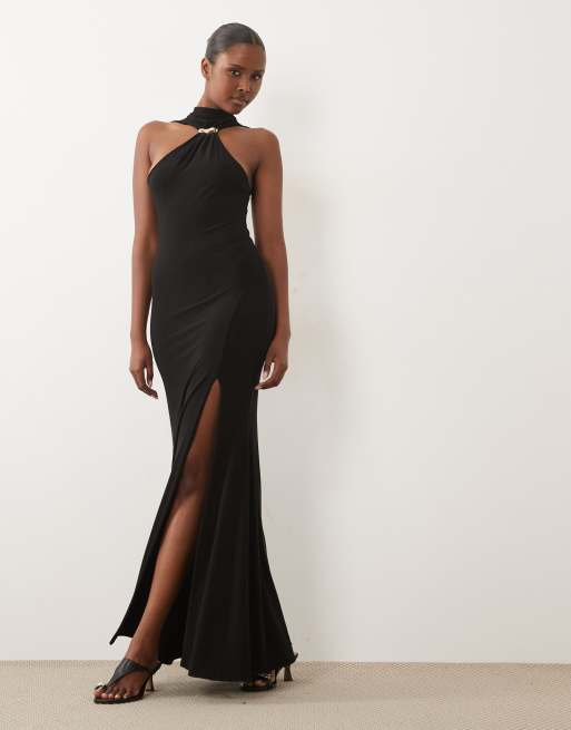 ASOS DESIGN vestito maxi morbido nero con collo alto e dettaglio hardware cut-out
