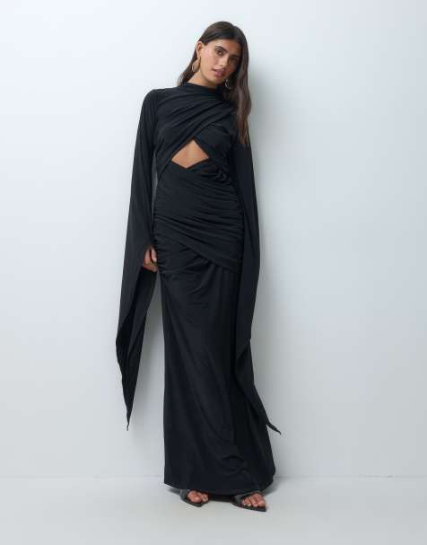 ASOS DESIGN vestito maxi nero con maniche esagerate e scollo incrociato - view 1