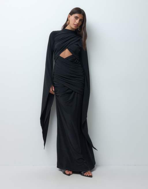 ASOS DESIGN vestito maxi nero con maniche esagerate e scollo incrociato, 2 di 5